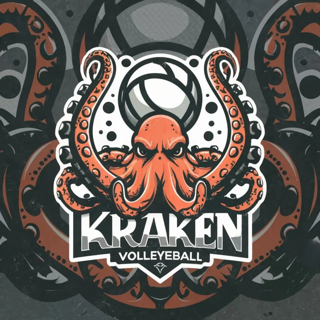 a logo design, with the text "Kraken", main symbol: Many Kraken arms holding large volleyball, complex, clear background