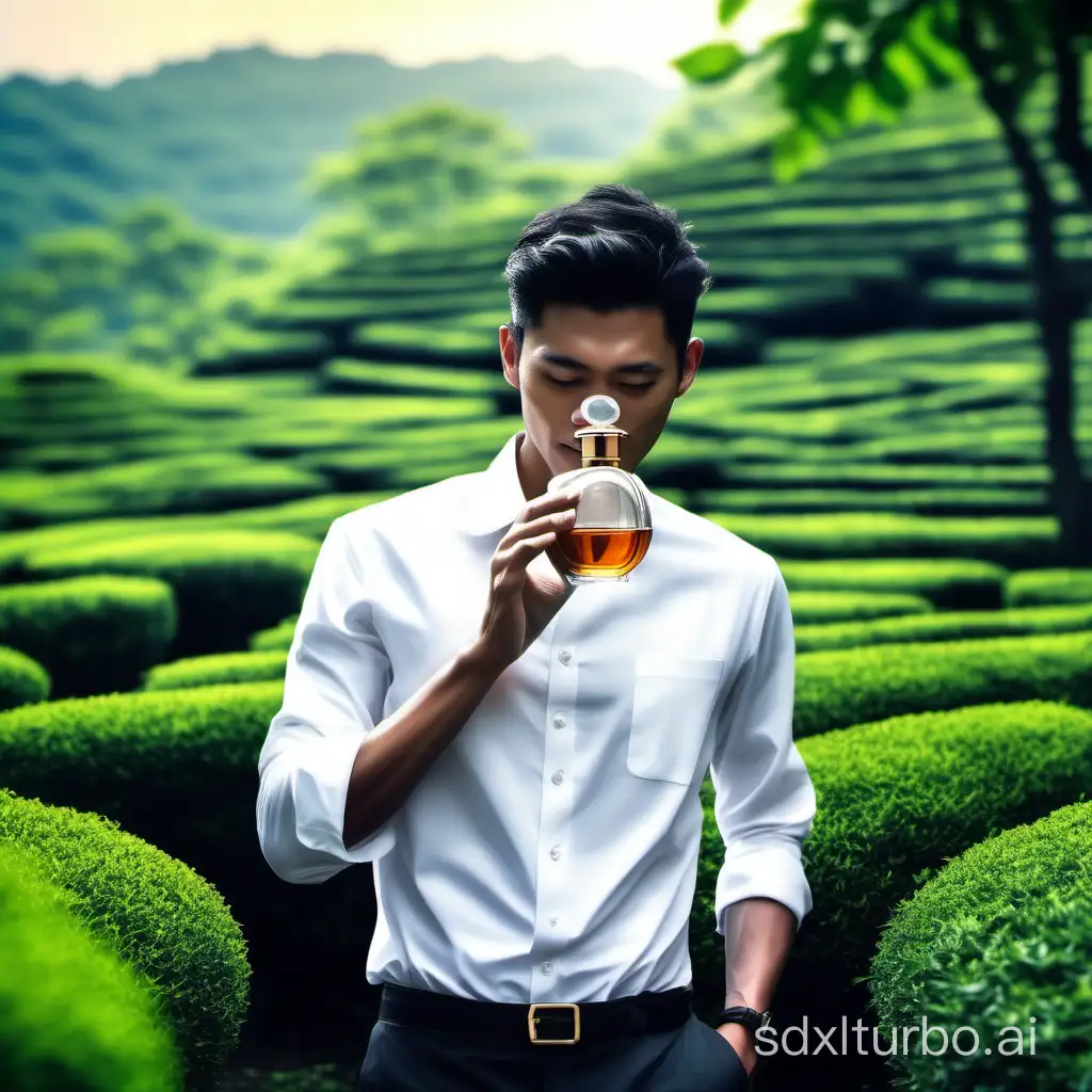 Tea garden background, these few tea leaves fluttering, a young man in a white shirt, holding a bottle of perfume in his hand, a high-end cinematic feeling,