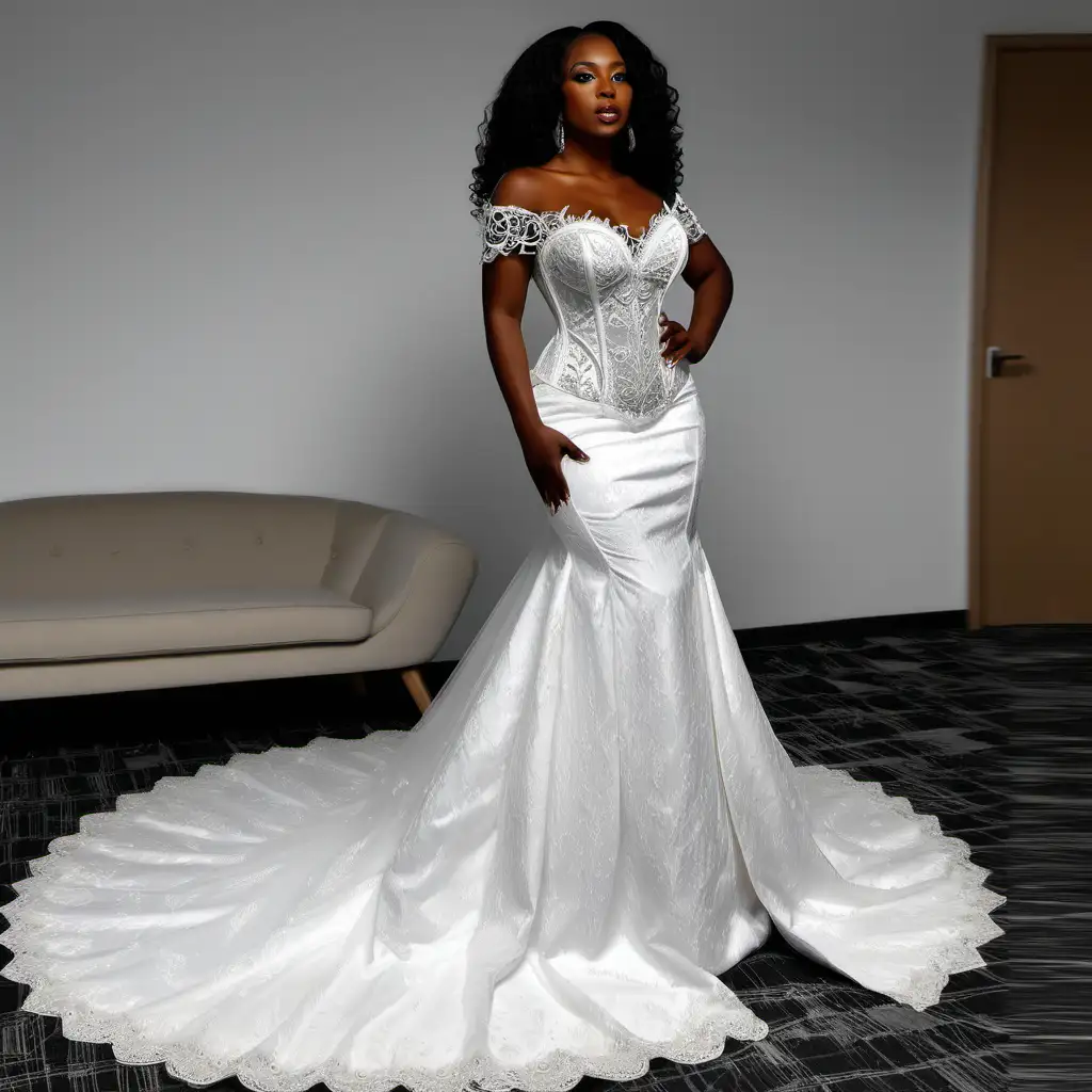 Elegant Black Woman in Beaded Lace Mermaid Wedding Dress