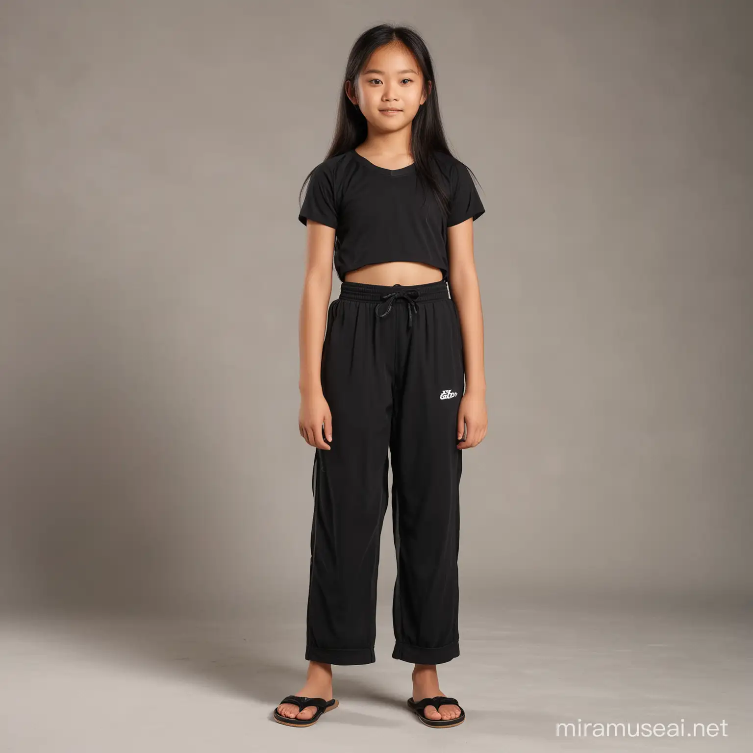 Cho Chang agée de 12 ans , en brasiere de sport noire et culotte de sport noir , tong aux pieds