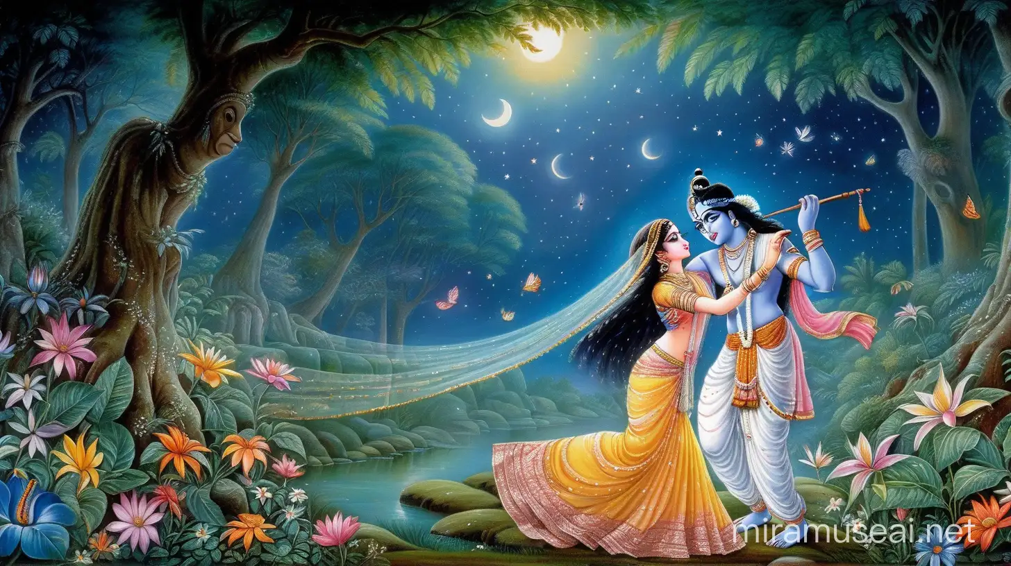 In the mystical embrace of Vrindavan's forest, Lord Krishna and radha dance,hindu cloths, their celestial movements weaving a tapestry of divine love under the shimmering moonlight. Amidst the fragrance of flowers and the rustle of leaves, their eternal bond unfolds in a symphony of transcendent beauty , ghibli anime style, hand drawn