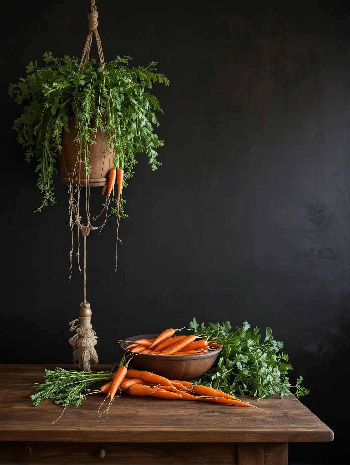 Vintage Mission Table with Carrots and Greenery Decoration