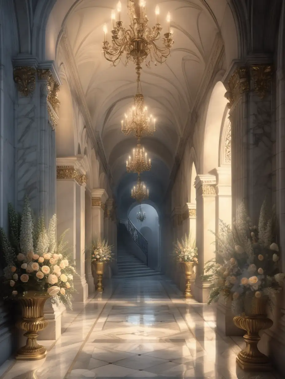 imagine a wide marble hallway with arches, golden accents, floral decor,  outside is a misty dusk. the hallway is empty, there are no people. it is almost night time. flowers on everything. lit by moonlight,  showing a bit more of the floor of the scene. flowers are everywhere. the walls are neutral, the floor and stairs are marble, 