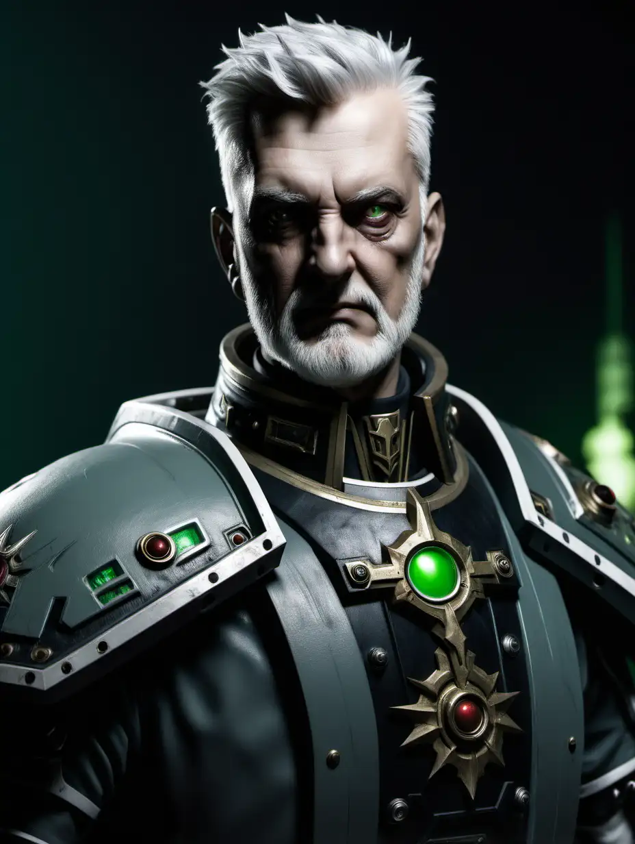 Portrait of the upper body and face of a Warhammer 40k Adeptus administratum male in formal grey clothes. Standing in a dark room with many green monitors in the background.
Very short white hair, short white beard, old, thin. 
Black eyes.