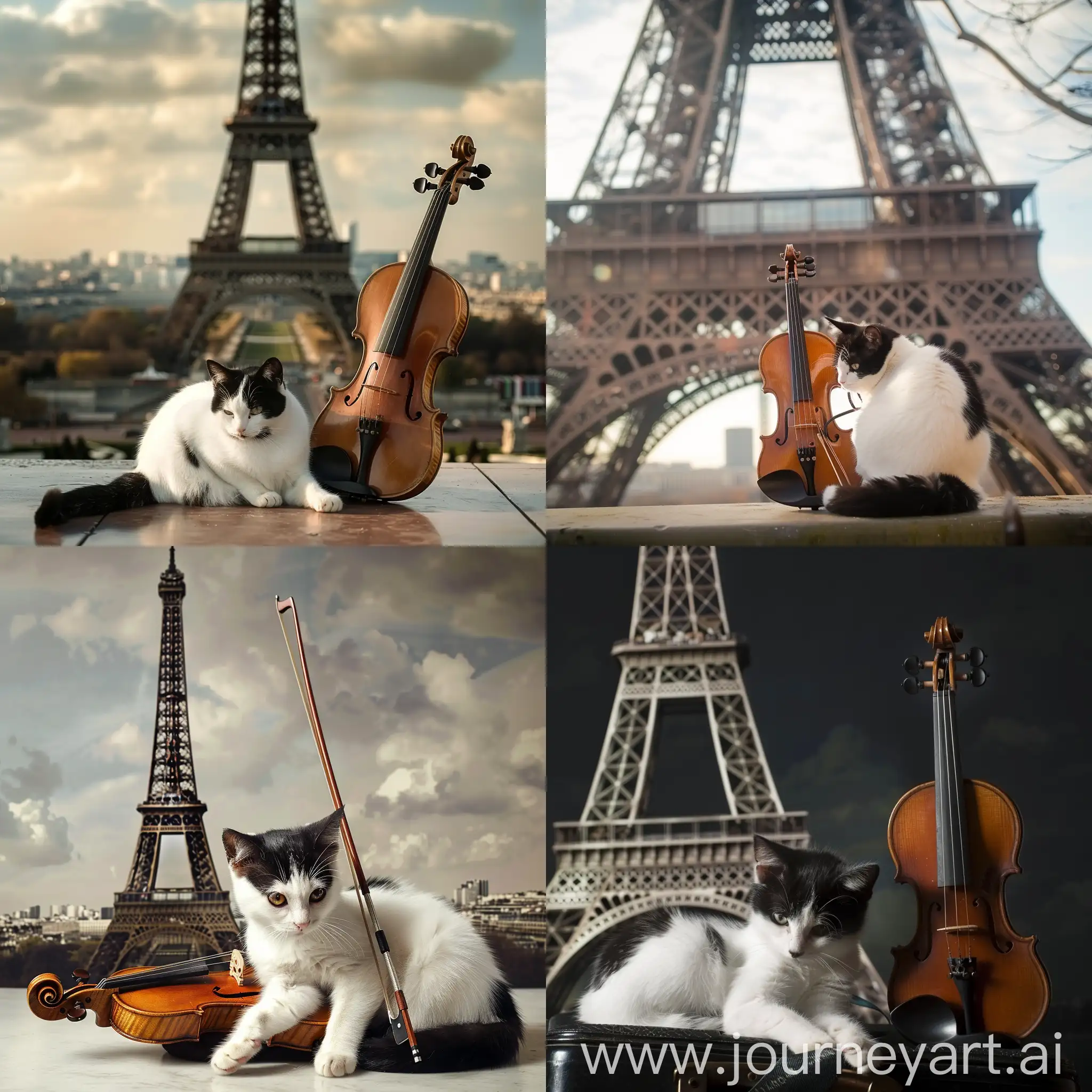La torre efiel con gato blanco con negro y un violin