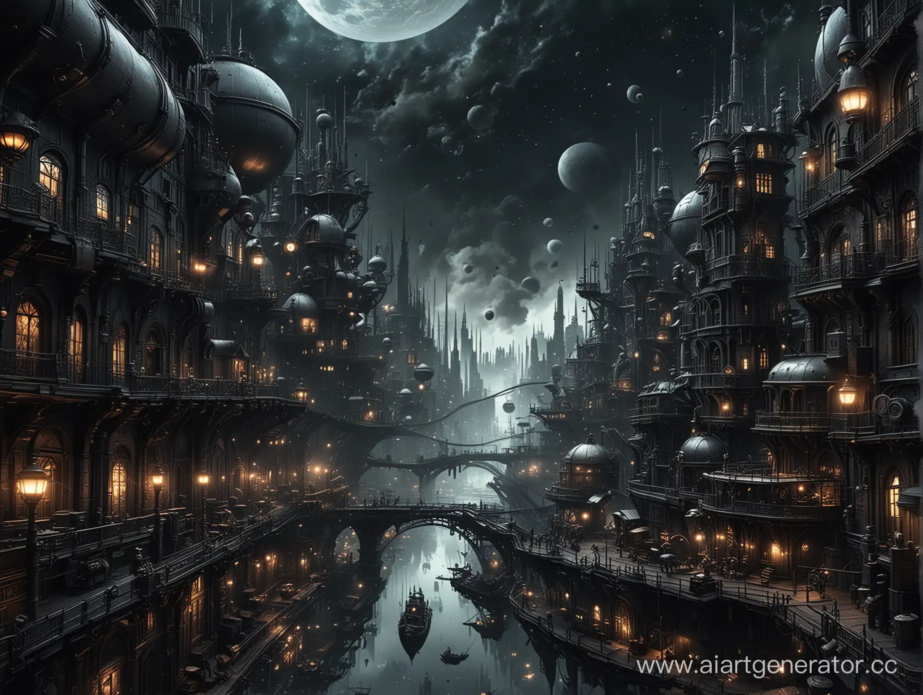 Огромный город в стиле стимпанк дрейфует в черном космосе, в темных тонах.