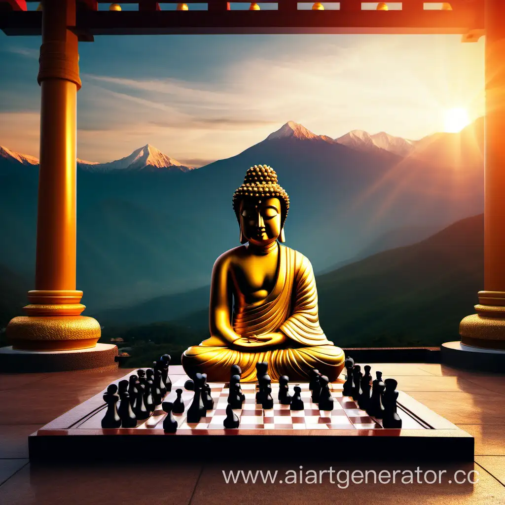 Будда сидит в Пагоде, играет в шахматы, на фоне горы и закат
