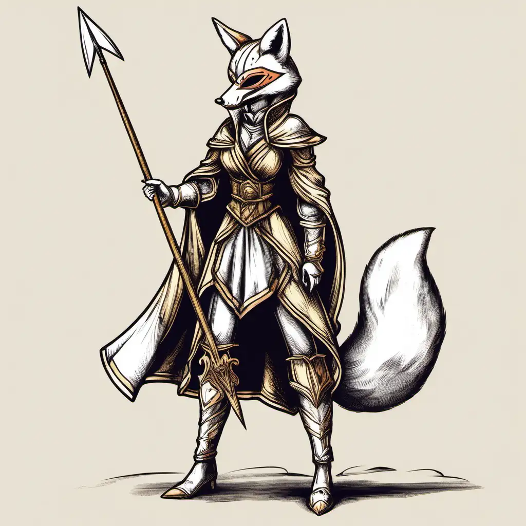 Elegant FoxMasked Duelist with Spear in HandDrawn Style
