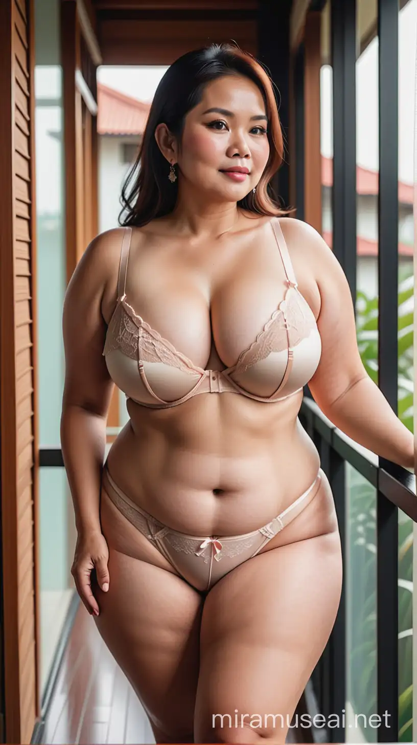 indonesian mature woman, plus size, wearing lingerie and g-string, standing relax in balcony