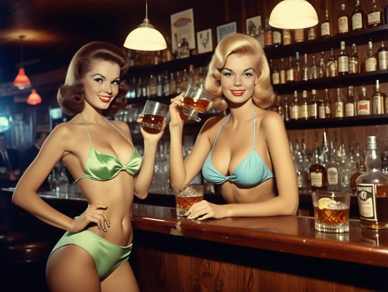 Två sexiga kvinnor i bikini  är i baren och sin dricker wiskey året är 1960 talet. bartenden står bakom baren

