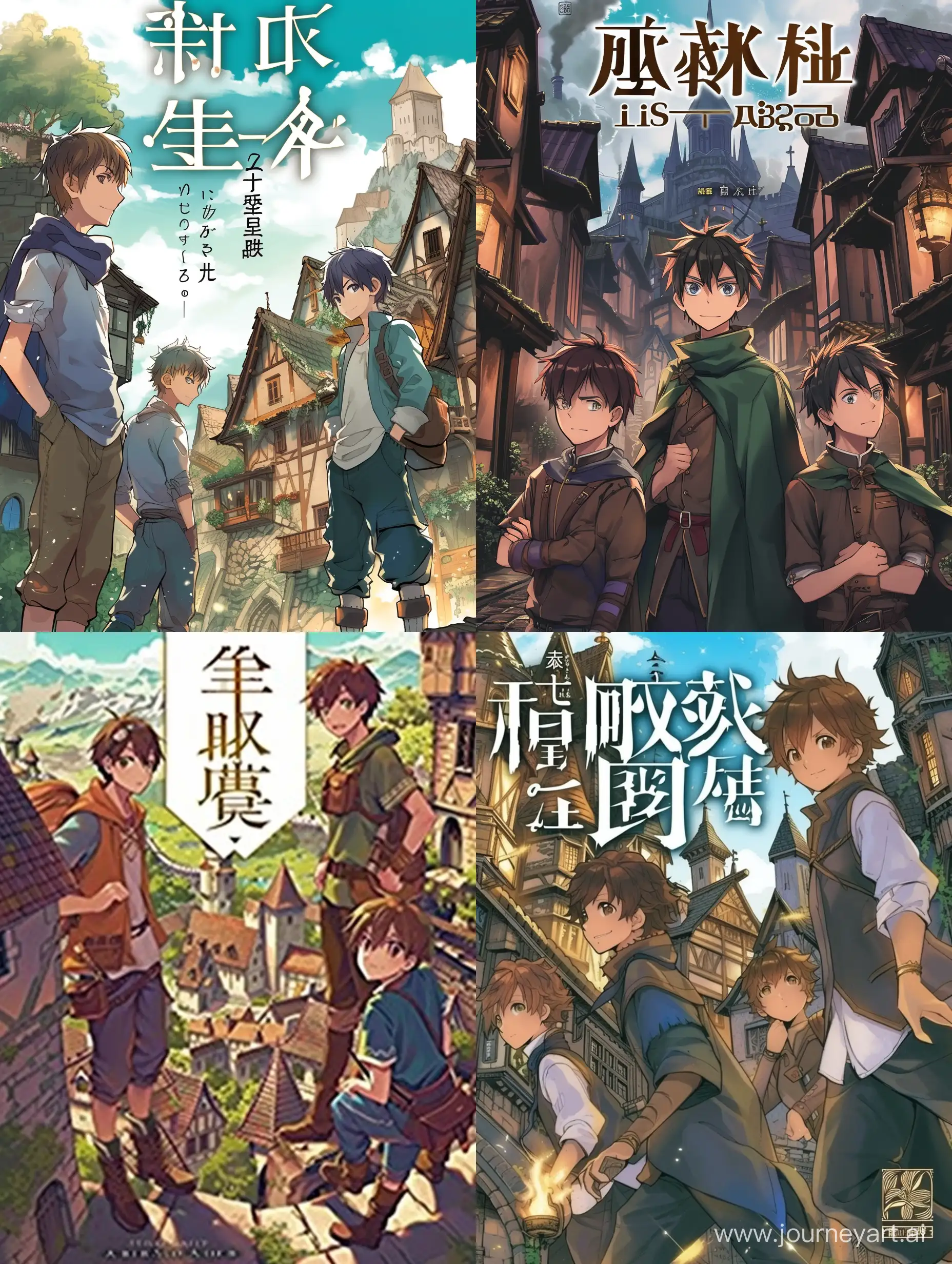 Three-Boys-in-a-Fantasy-World-with-Buildings-Fantasy-Isekai-Novel-Cover