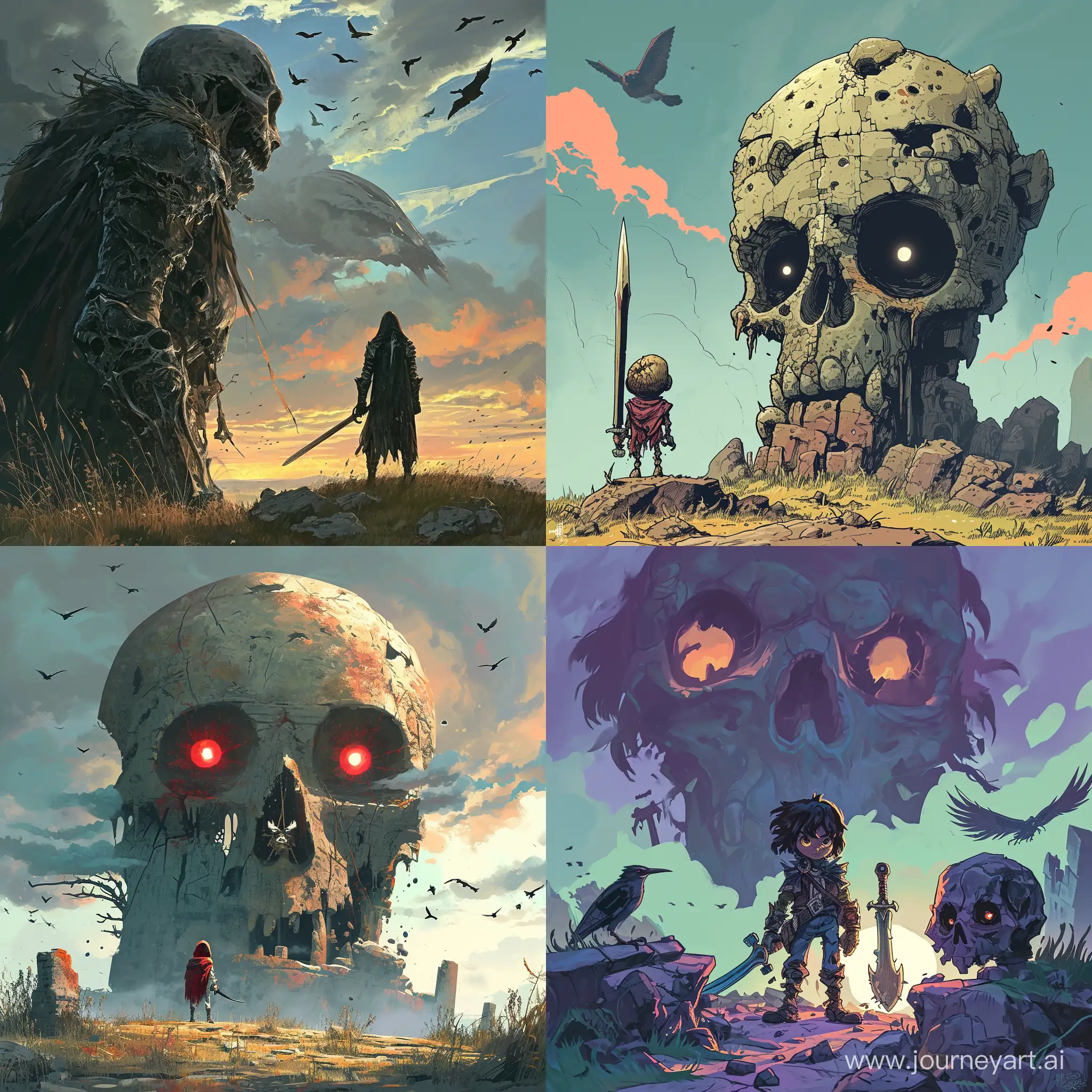 Cartoon::2, a warrior stands in a desolate land with a giant skull looming above them. The warrior is equipped with a sword and shield, there is a skull with glowing eyes in the background. The scene is set at dusk, there are crows flying around, Cartoon, высокое разрешение, высокая чёткость, чёткое изображение, микро детализация, высокая детализация, ультра реализация, максимальная детализация, много деталей, глубокие детали, детальное изображение, четкие линии. --v 6