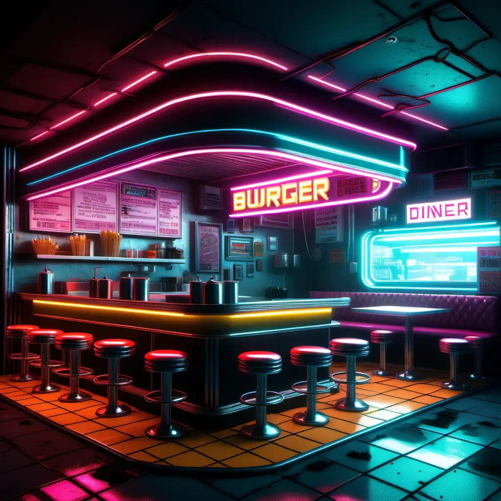 Create the inside of a cyberpunk burger diner.make sure that the inverioment is night outside the burger diner