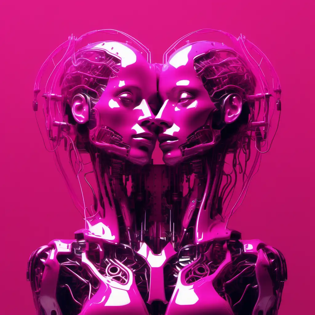 Show me an abstract image with the theme of synthetic humanoids learning what love means. It should have a magenta and electric colour theme.