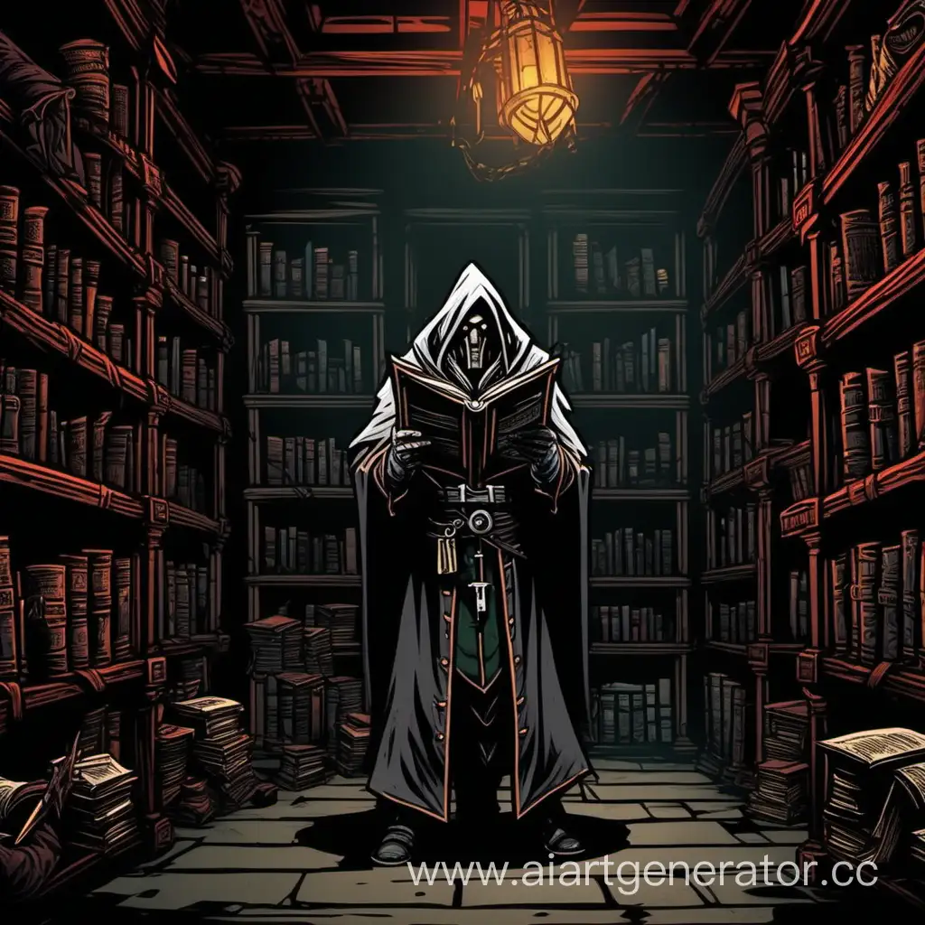 Darkest Dungeon стиль, библиотека, инквизитор читает свиток, мрачно, бэкграунд стеллажи
