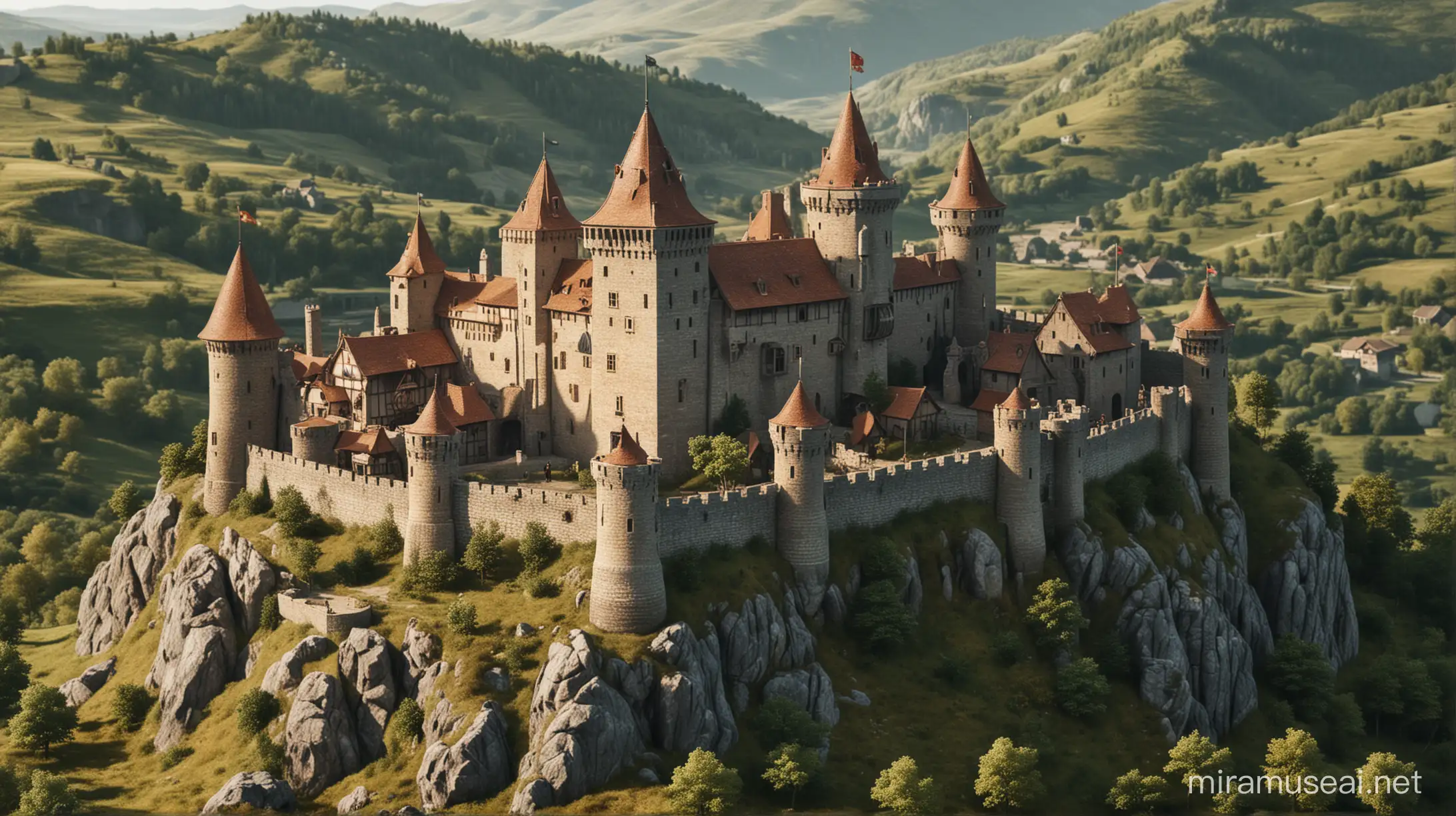 Medieval Castle Surrounded by Hills Stronghold with Strategic Defense