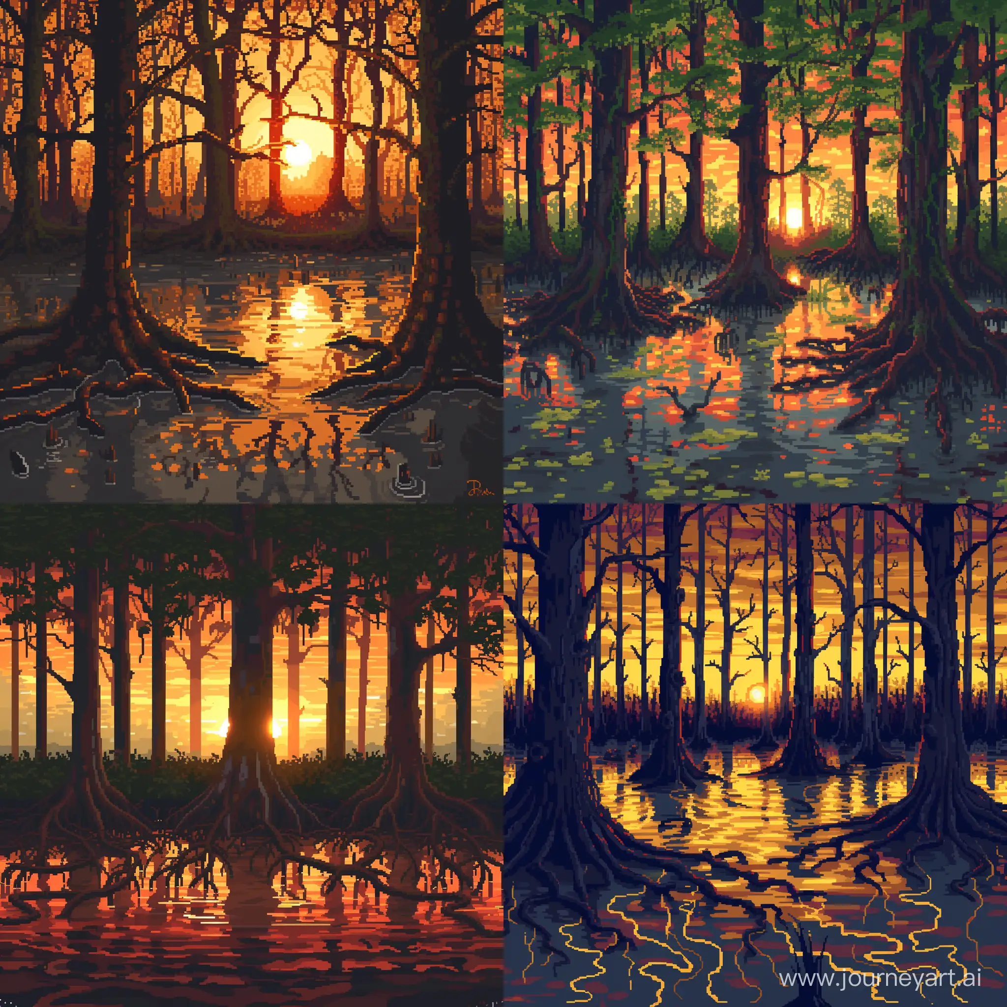 Pixel art sunny swamp forest at sunset, where the roots of the trees are all under water