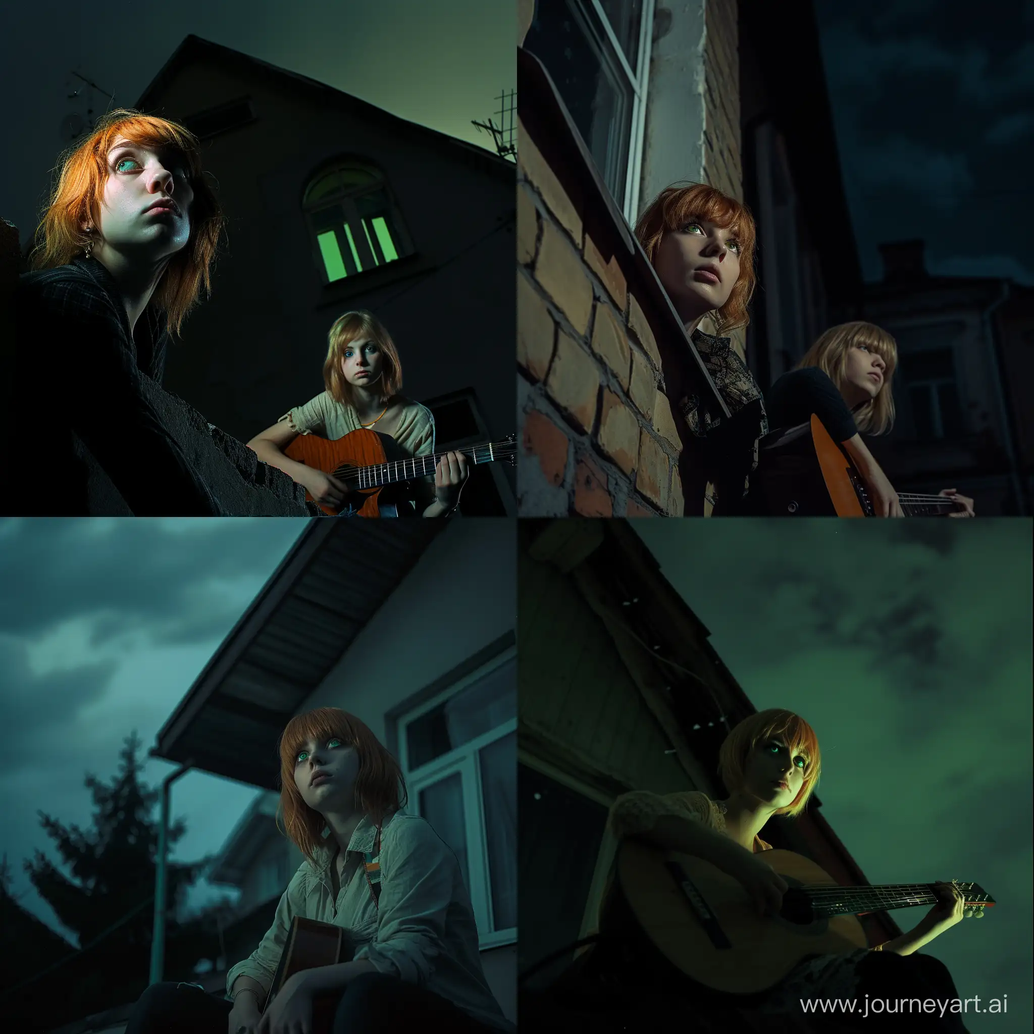 redhead guy, slavic, starring from the high roof of the building into the sky, night, taken on Pentax K1000, 50mm portrait lens, dark mood, beige-haired girl slavic with green eyes sitting near with acoustic guitar with derealistion