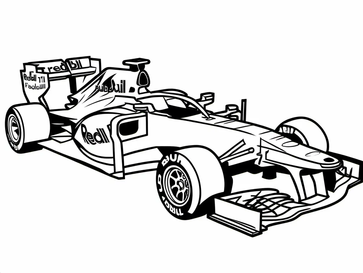 red bull f1 car, Coloring Page, black and white, line art, white background, Simplicity, Ample White Space. The background of the coloring page is plain white to make it easy for young children to color within the lines. The outlines of all the subjects are easy to distinguish, making it simple for kids to color without too much difficulty