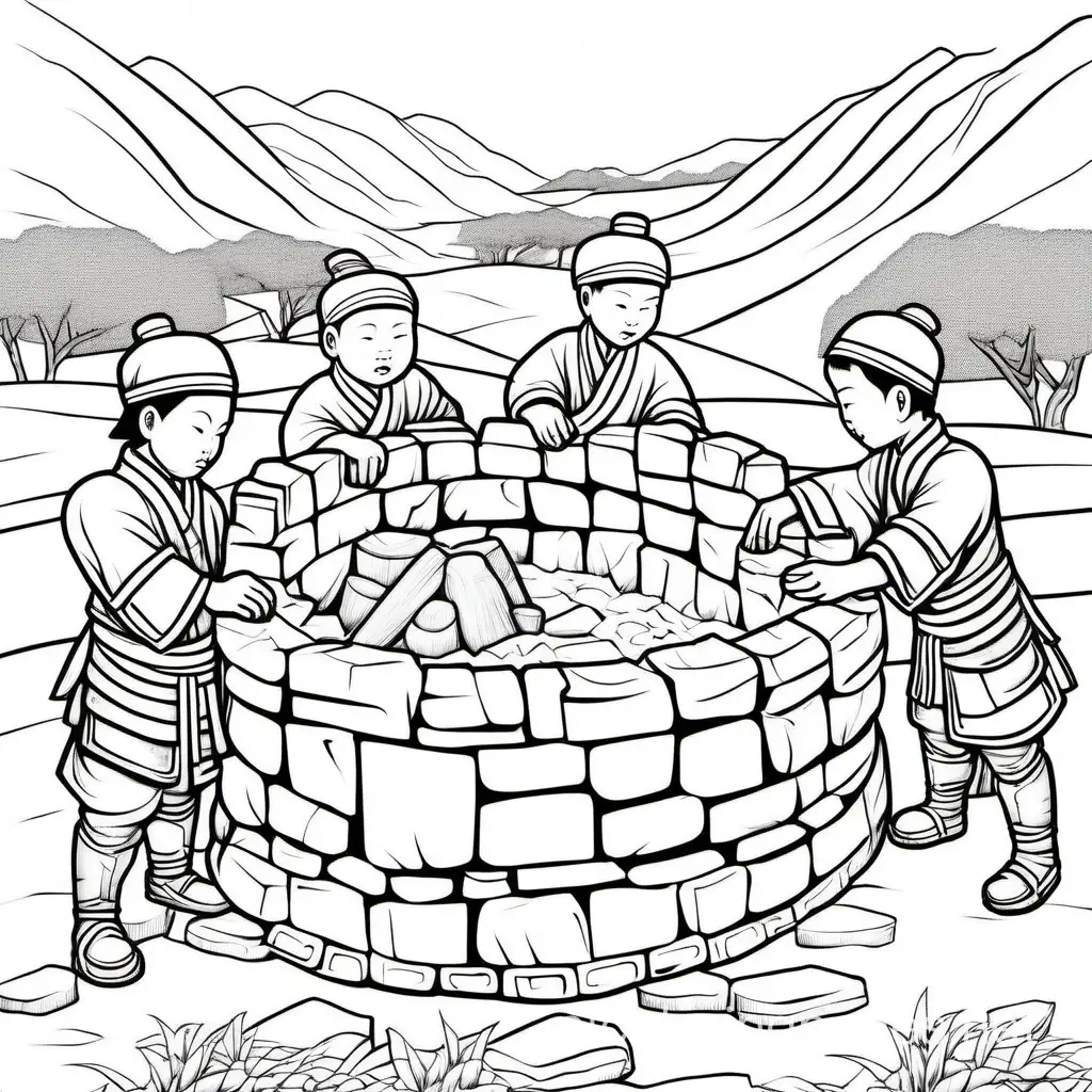 five Chinese brothers digging a well and finding Terracotta Army instead, Coloring Page, black and white, line art, white background, Simplicity, Ample White Space. The background of the coloring page is plain white to make it easy for young children to color within the lines. The outlines of all the subjects are easy to distinguish, making it simple for kids to color without too much difficulty
