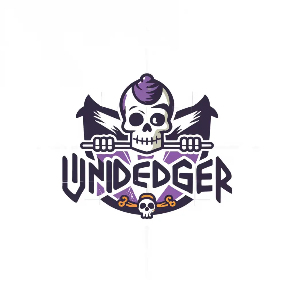 a logo design, with the text 'UNDEADGER', main symbol: skeleton, Moderate, Black background make skeleton more fun and purple