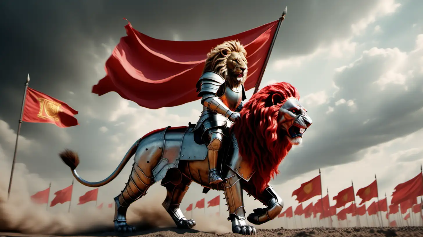 реалистичный лев в доспехах скачет  верхом  по полю боя с большим красным флагом 