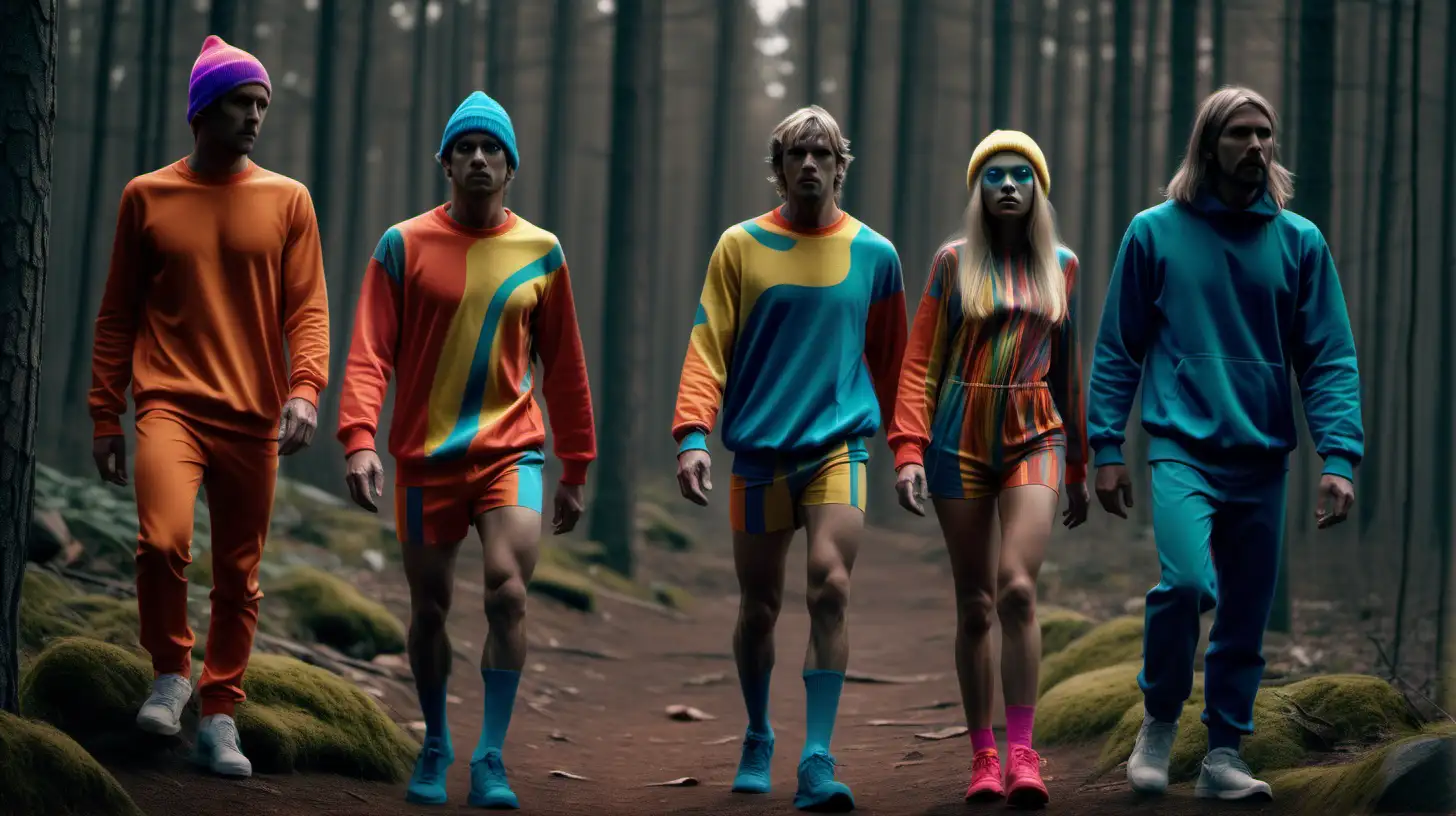 A woman in psychedelic colors costume and a male athlete are together with three drug addict men in the forest.They are all Swedish.Movies style.