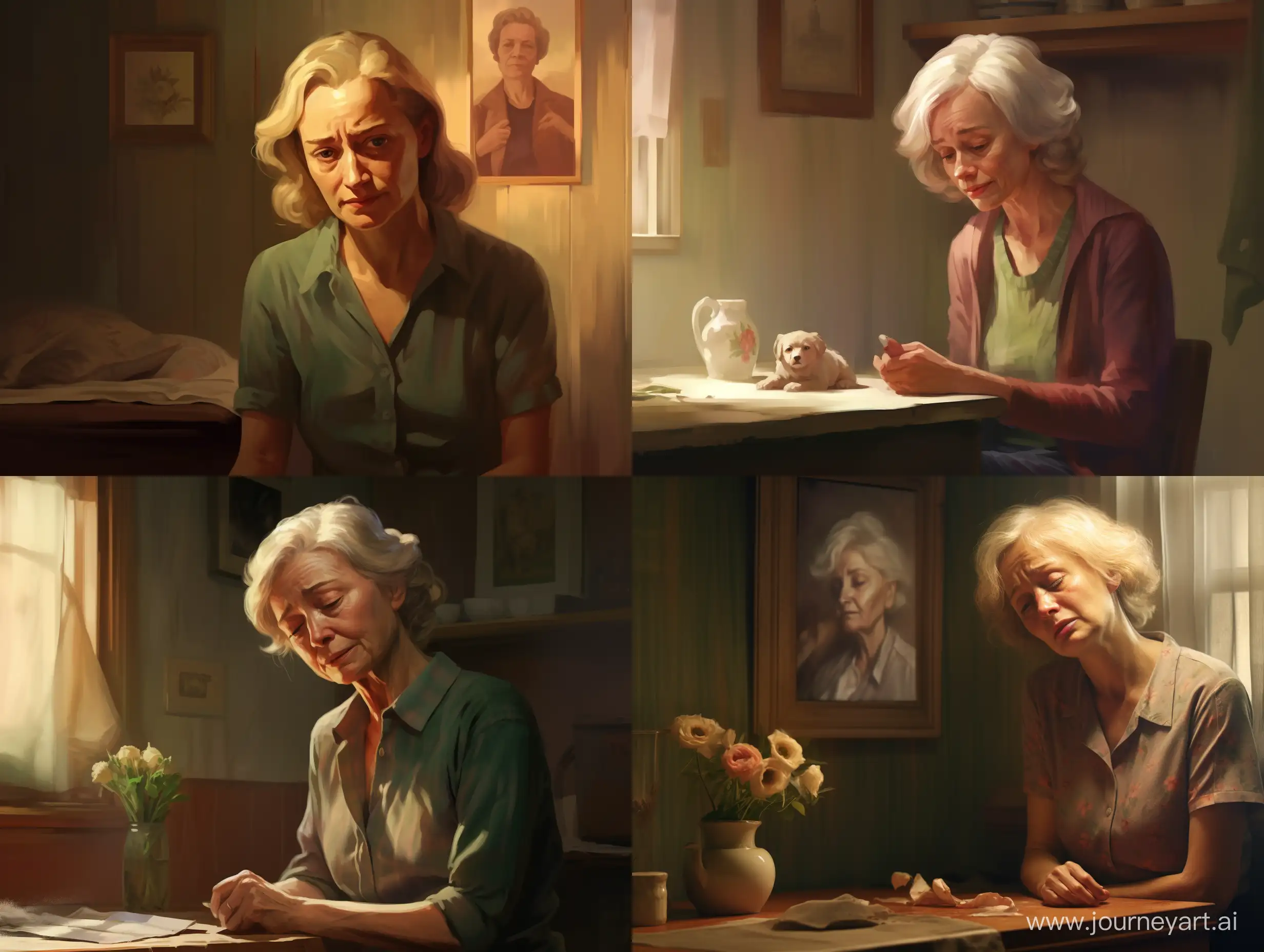 Emotional-Blonde-Woman-in-Nostalgic-Setting-with-Smiling-Elderly-Portrait