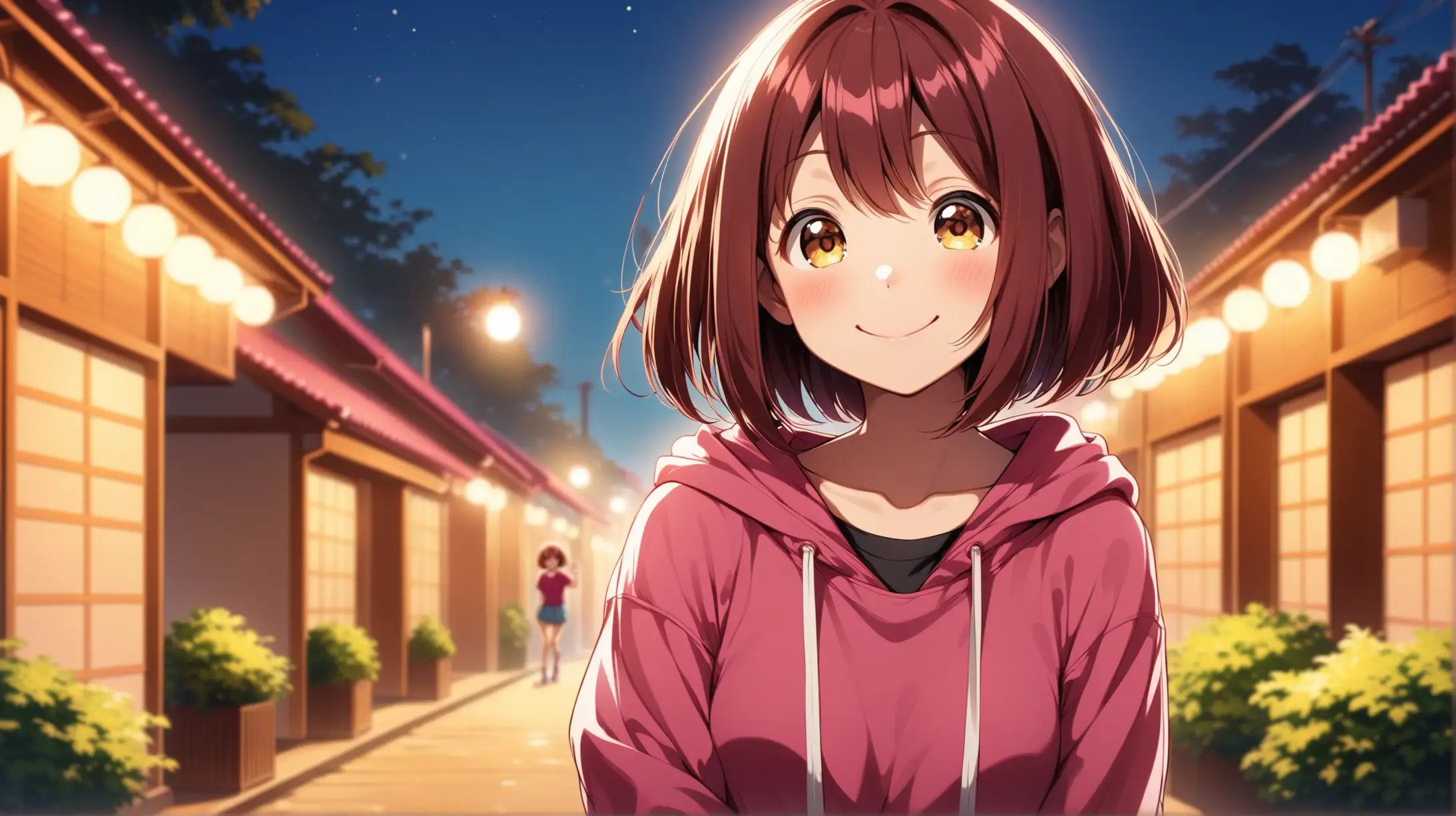 Draw the character Ochaco Uraraka, high quality, ambient lighting, outdoors, relaxed pose, casual outfit, smiling