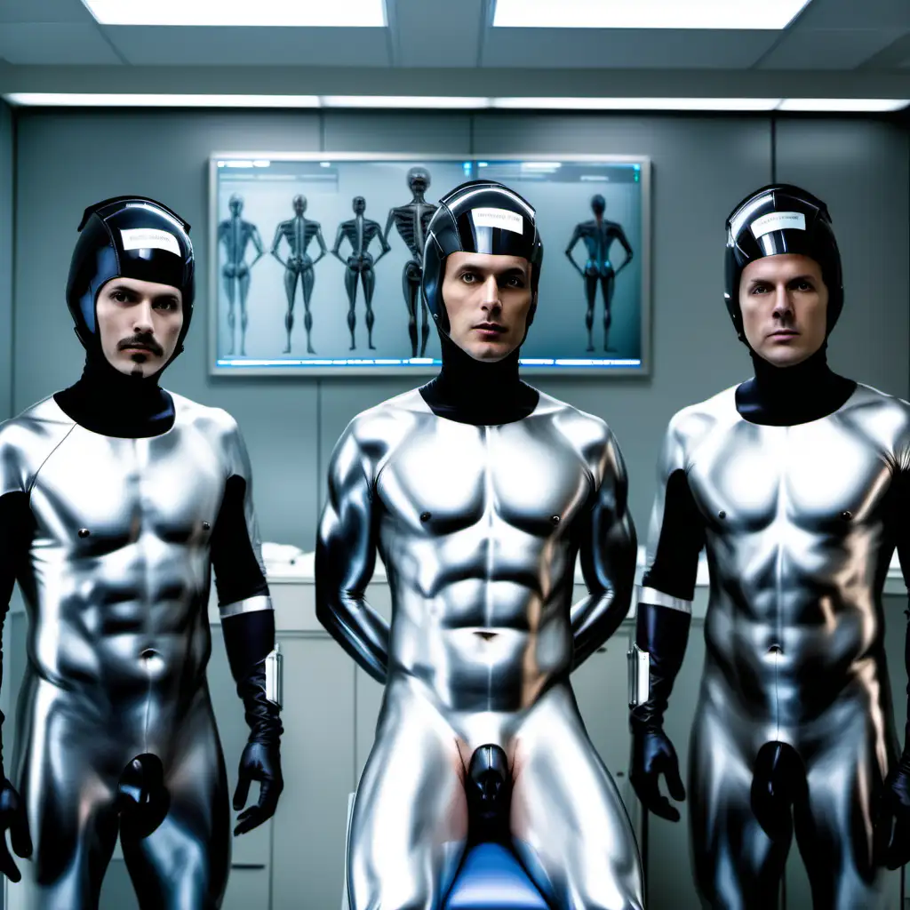 facing forward three men wearing only form fitting skin tight silver metallic body suits stand side by side behind a medical exam table with a man laying on his back on the exam table wearing only a pair of black rubber underwear and tight fitting police helmet on his head in a futuristic high tech medical research laboratory with larges screens in the background showing images of human bodies, groin and brains, --ar 2:3 --v 6.0  --str