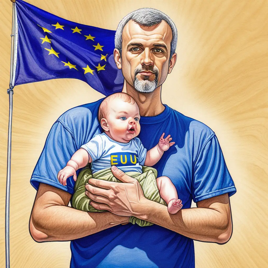 Create an image of a man in a t-shirt holding a baby with the EU flag in the background. The image must be in the style of Matt Wuerker