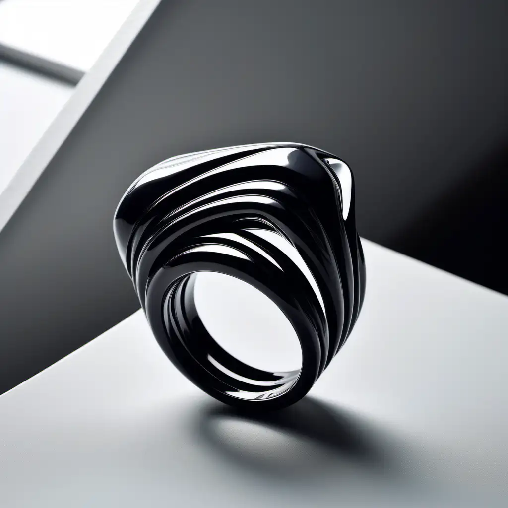 Bague art déco de style Zaha Hadid épuré et musclé sur deux étage