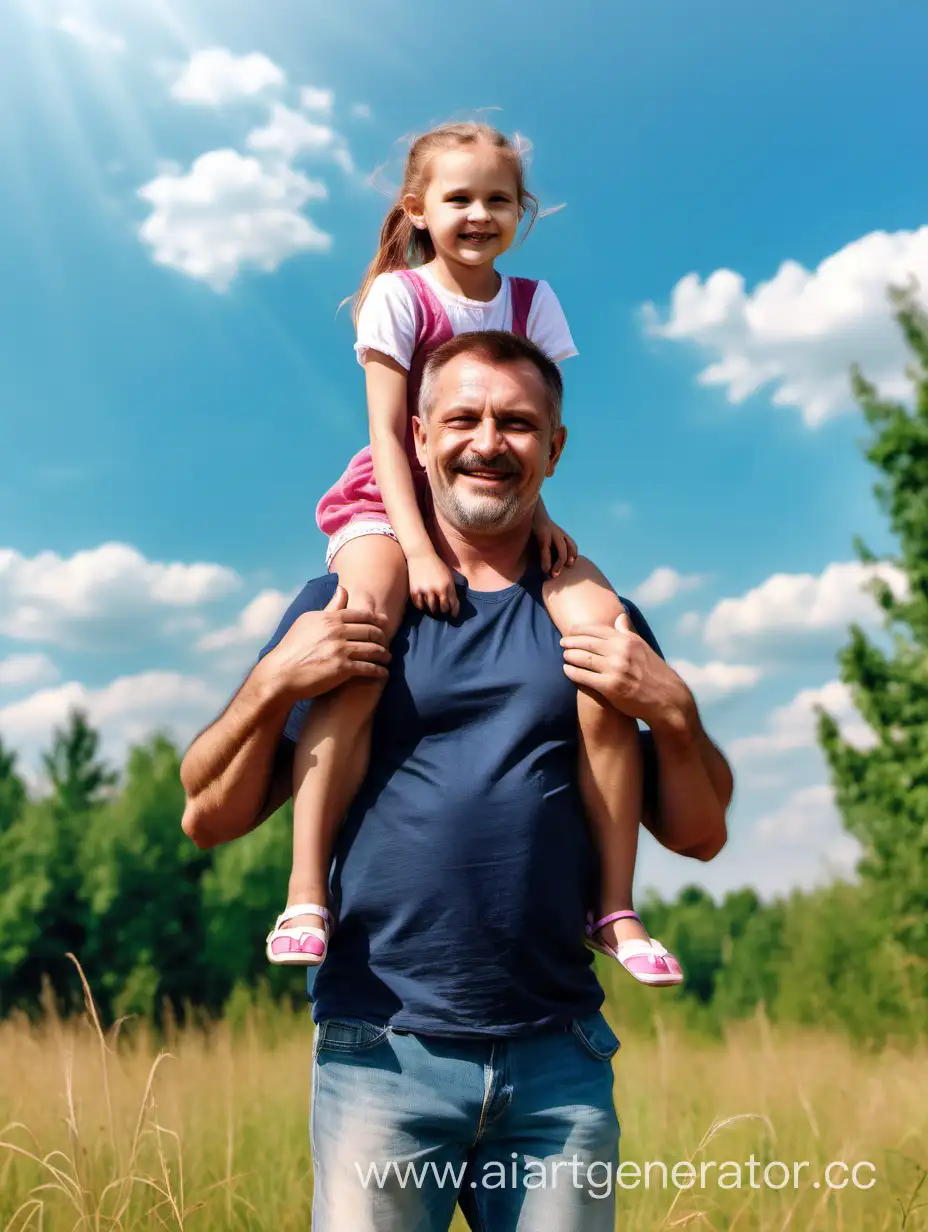 A happy strong young father holds his 10-year-old daughter in his arms against the backdrop of bright nature, sky, grass, trees on the sides