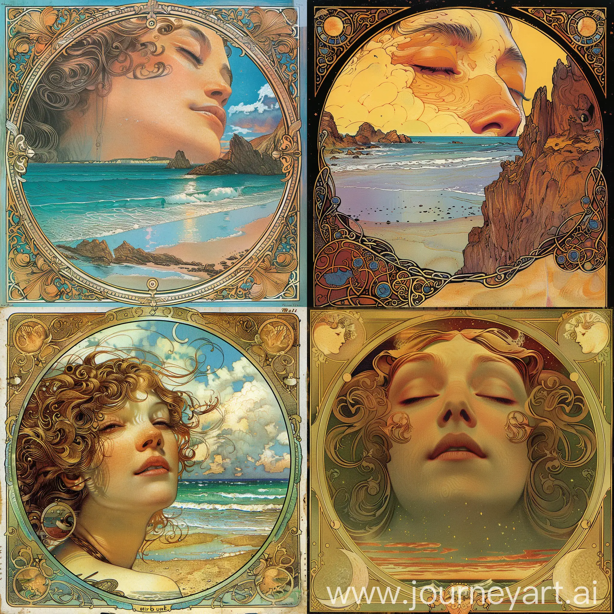 Heliocentric beach setting. Detailed illustration by Alphonse Mucha and Maxfield Parrish and Moebius. Beautiful face. Midjourney
