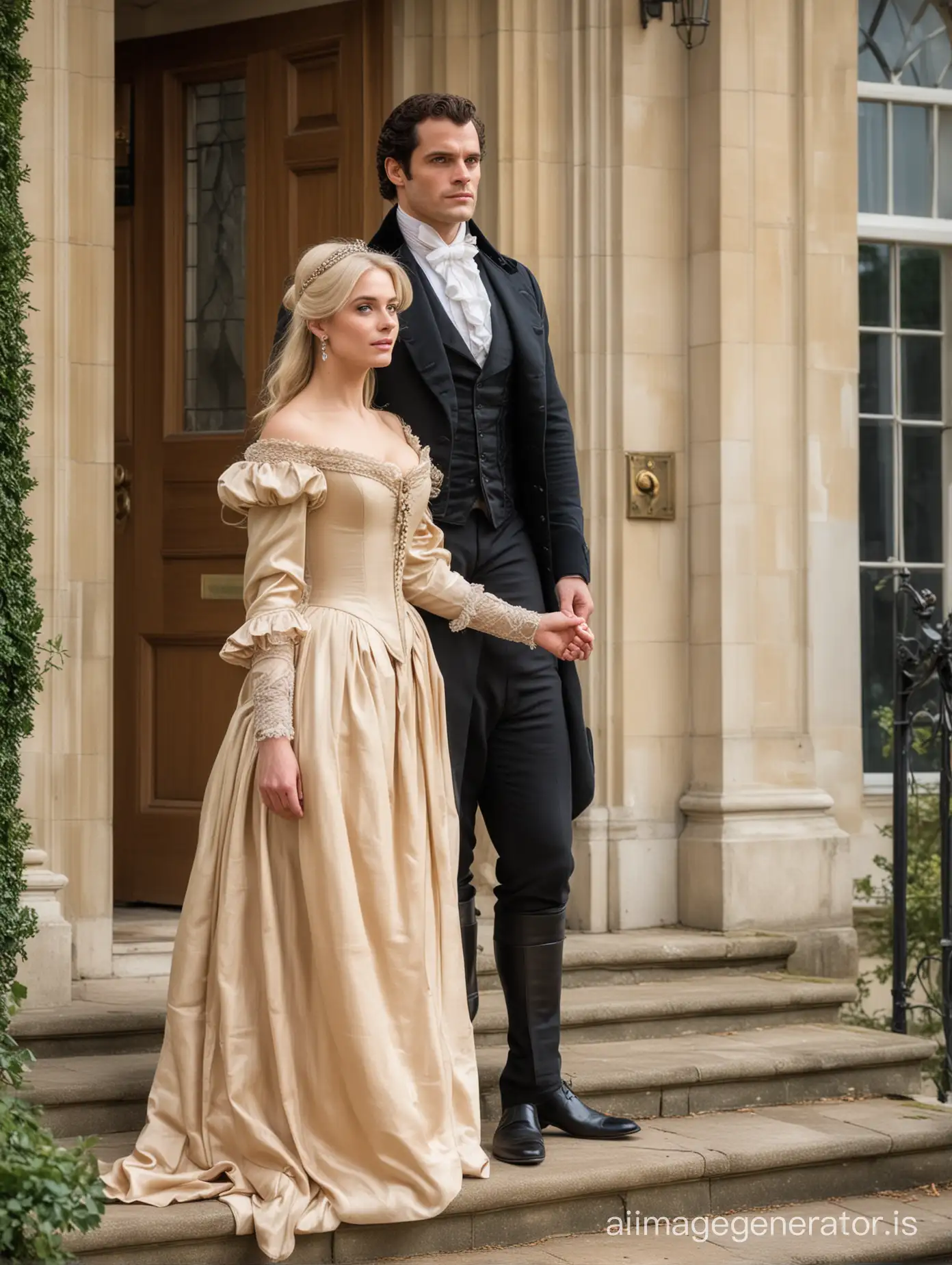 English gentleman ((Regency Era)) looks alike Henry Cavill arriving with  a beautiful blonde lady ((Regency Era)) to the main entrance of a mansion lookin to the front door