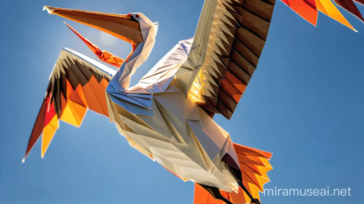 origami pelican in flight, wings spread, dramatic sunlight, blue sky, african colors