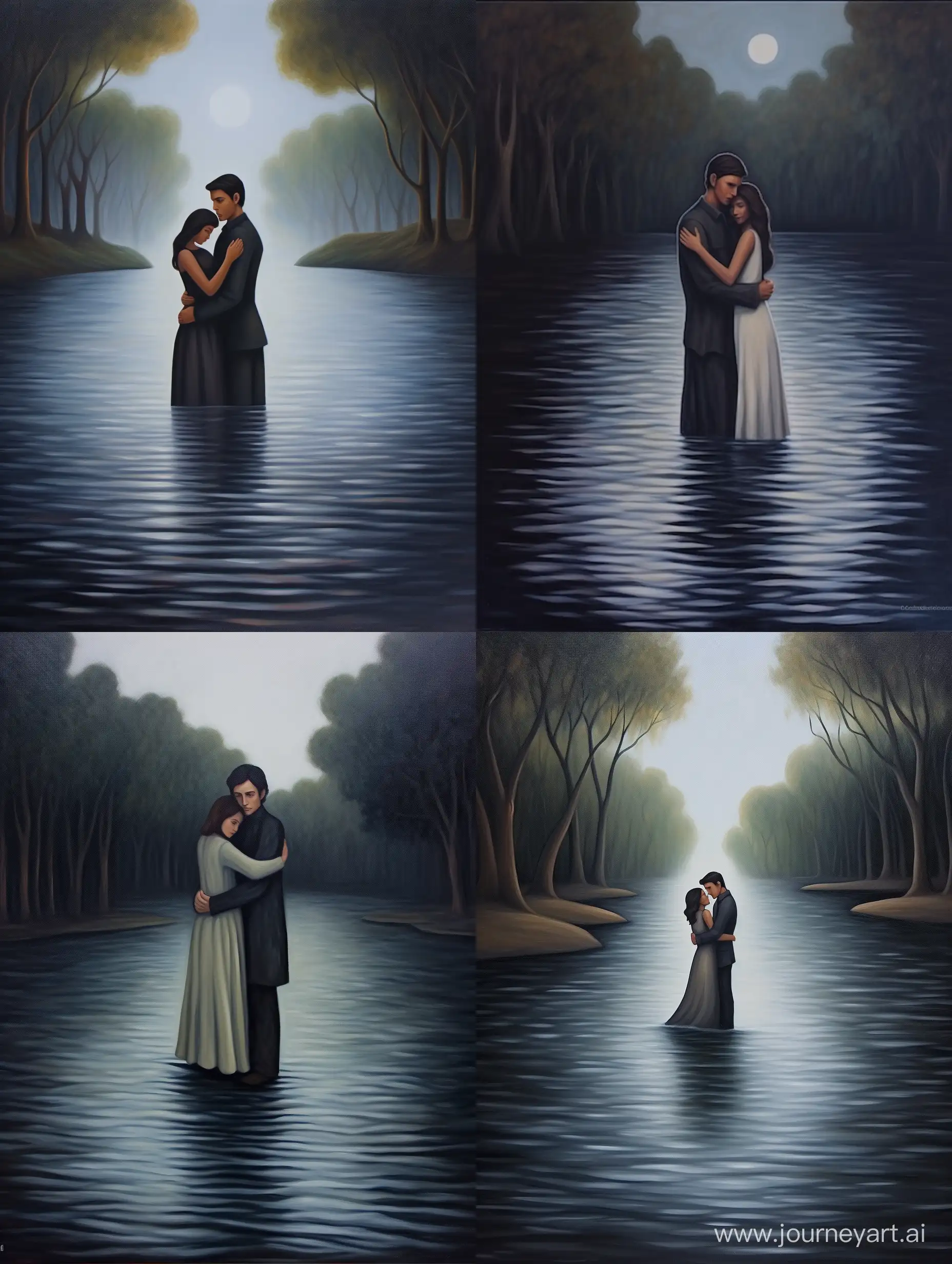 An oil painting depicting a woman and a man hugging in the water at night, chest out of the water, lower body in the water