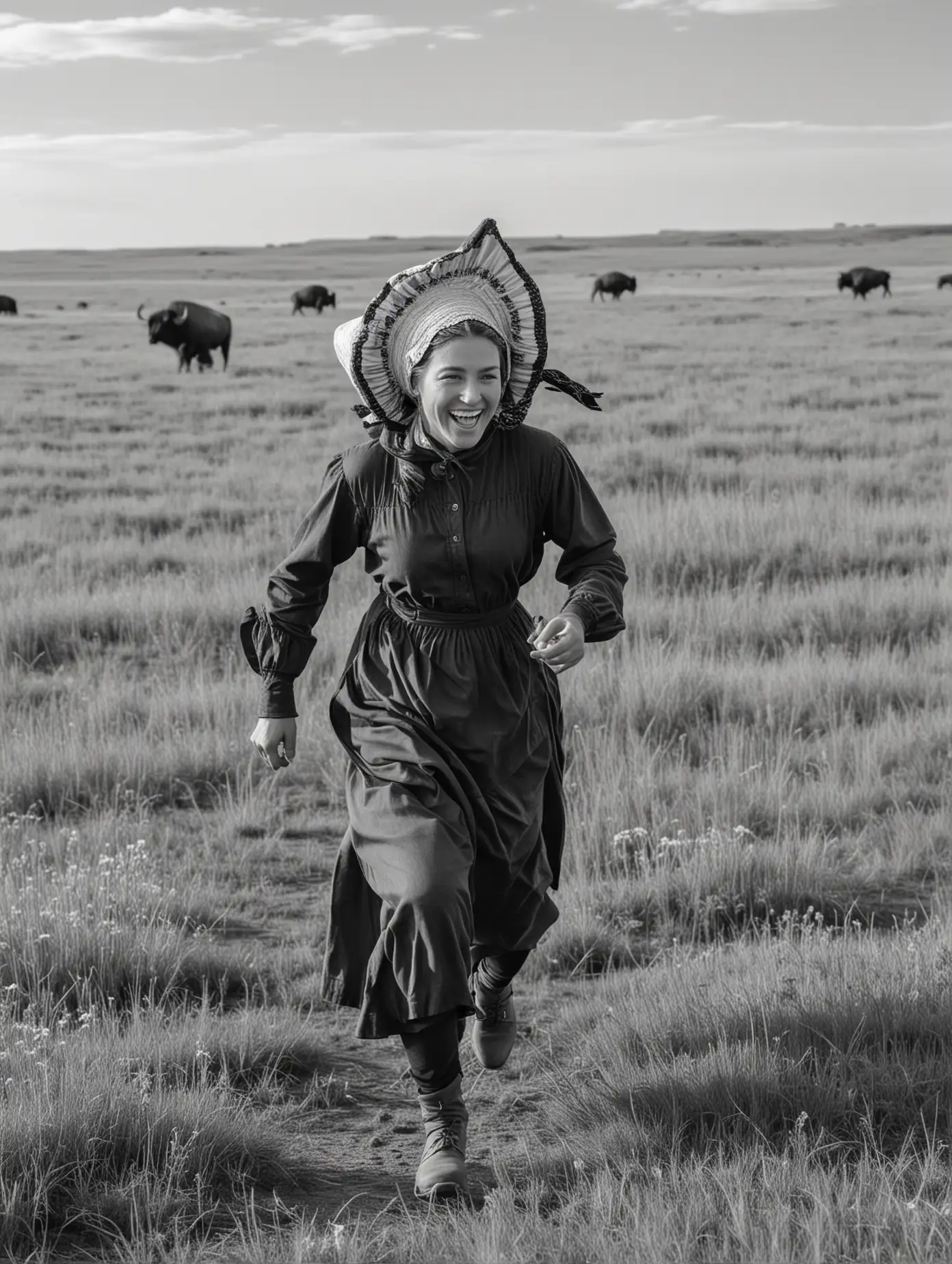 Prairie Pioneer Woman Running Amidst Buffalo Herd