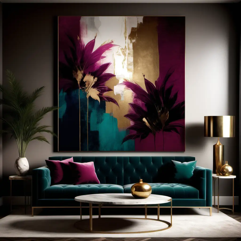 Design a captivating wall art mock-up for the moody modern vintage living room. Picture an oversized canvas featuring an abstract composition in rich jewel tones, perfectly complementing the plush velvet sofa and sleek vintage-inspired furnishings. Enhance the mock-up with a strategically placed light source to accentuate the happy light, creating a warm and inviting focal point.
