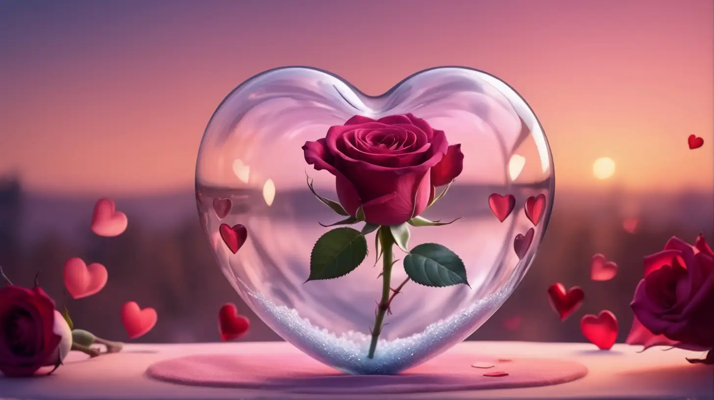 A realistic rose, shaped like a heart, inside a glass buble shaped as a heart, skars, torns and love. Valentainsday mood and a soft romantic background, Cinematic scenery
