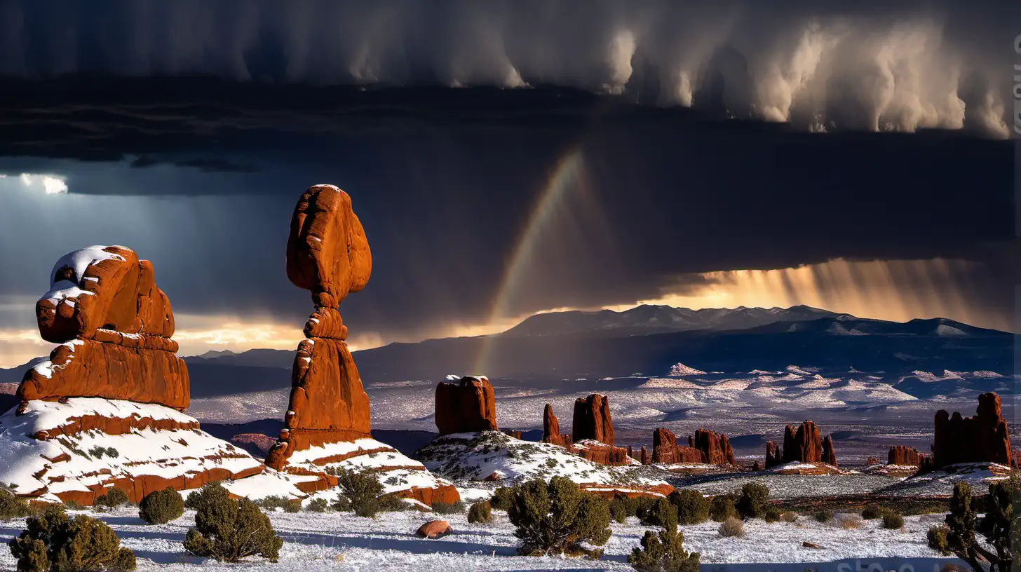 single Balanced Rock feature, Arches National Park, La Sal Mountains in distance with snow, rain, dramatic sky, light beams, 