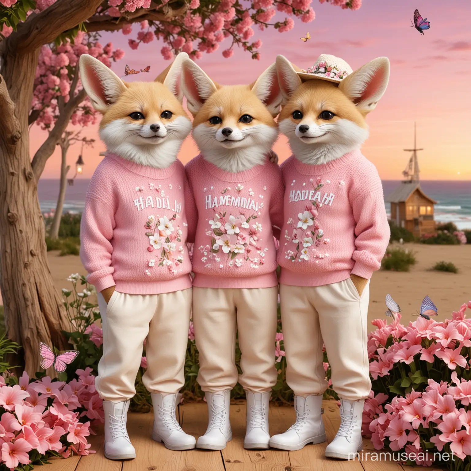 Three realistic Fennec foxes wearing pink sweaters with the name 'Hadijah', long pants, and white boots, standing and embracing each other, with a lush wooden background, some flowers around the tree, some butterflies around the flowers, and beach hats on all their heads, smiling latar belakang dengan tulisan "Selamat Malam"