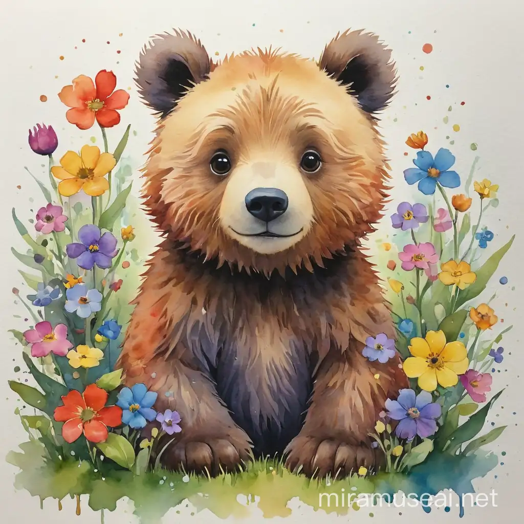 Cute Little Bear in a Rainbow Meadow with Vibrant Flowers
