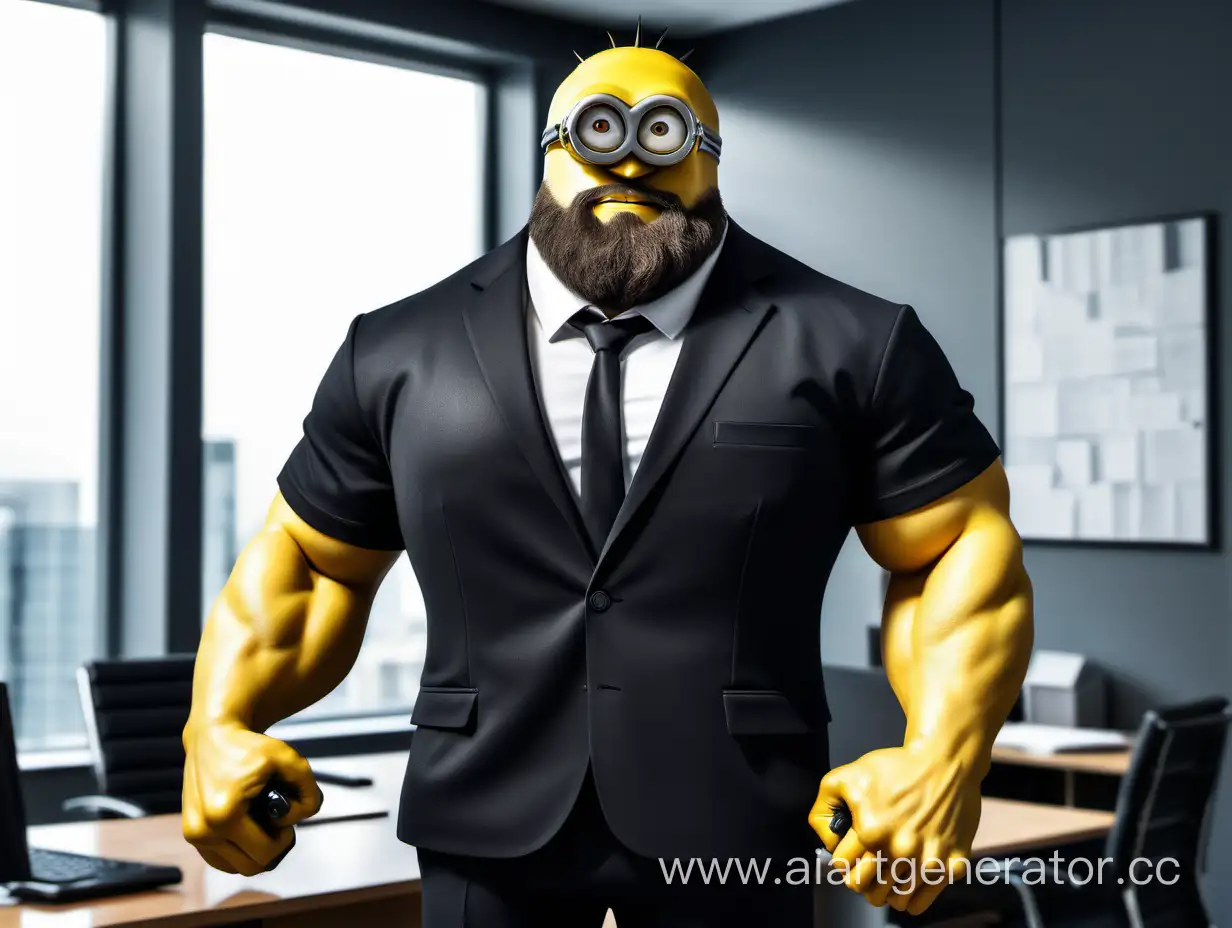 Меганакаченный реалистичный миньон большого роста с большими мышцами с бородой стоит в офисной комнате с дробовиком и в черном деловом костюме 