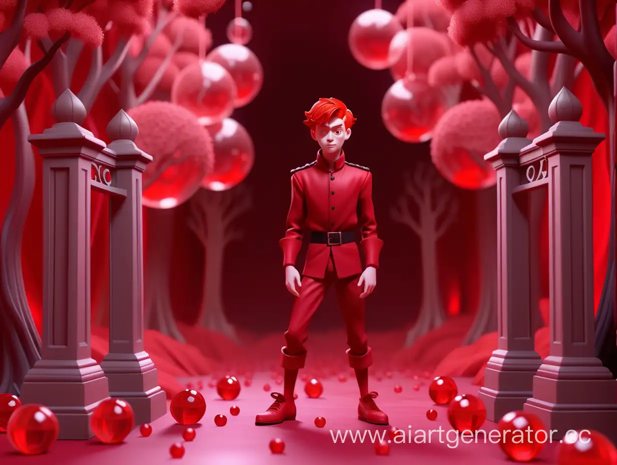 на красном фоне с воротами юный парень  с красными волосами красным костюмом и красными туфлями стоит под ними а на него льется красные кристальные шарики которые лежат на полу с красными деревьями 
3д анимация 