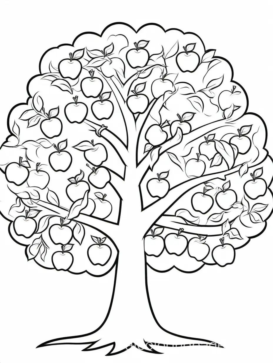 apple tree, Coloring Page, black and white, line art, white background, Simplicity, Ample White Space. The background of the coloring page is plain white to make it easy for young children to color within the lines. The outlines of all the subjects are easy to distinguish, making it simple for kids to color without too much difficulty