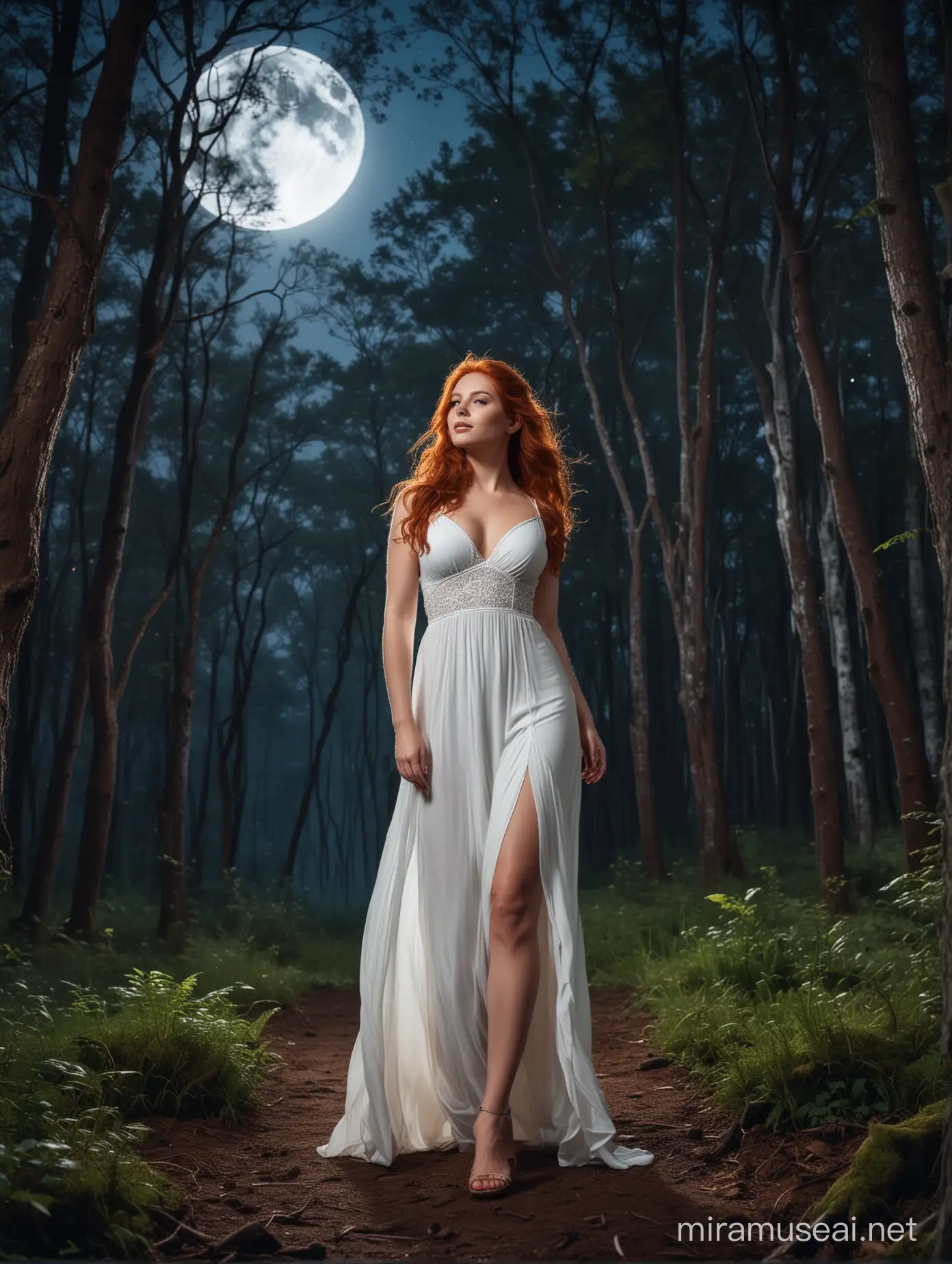 Mujer pelirroja curvilinea y hermosa con vestido blanco en un bosque de noche en luna llena azul grande 