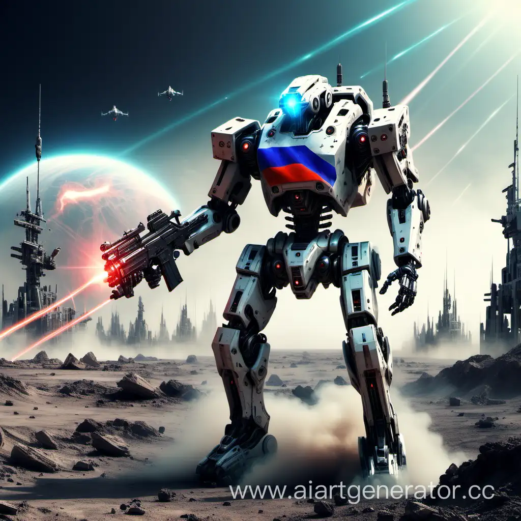 Russian combat walking robot, plasma guns, lasers, russian flag, assault on an unknown planet, futuristic view