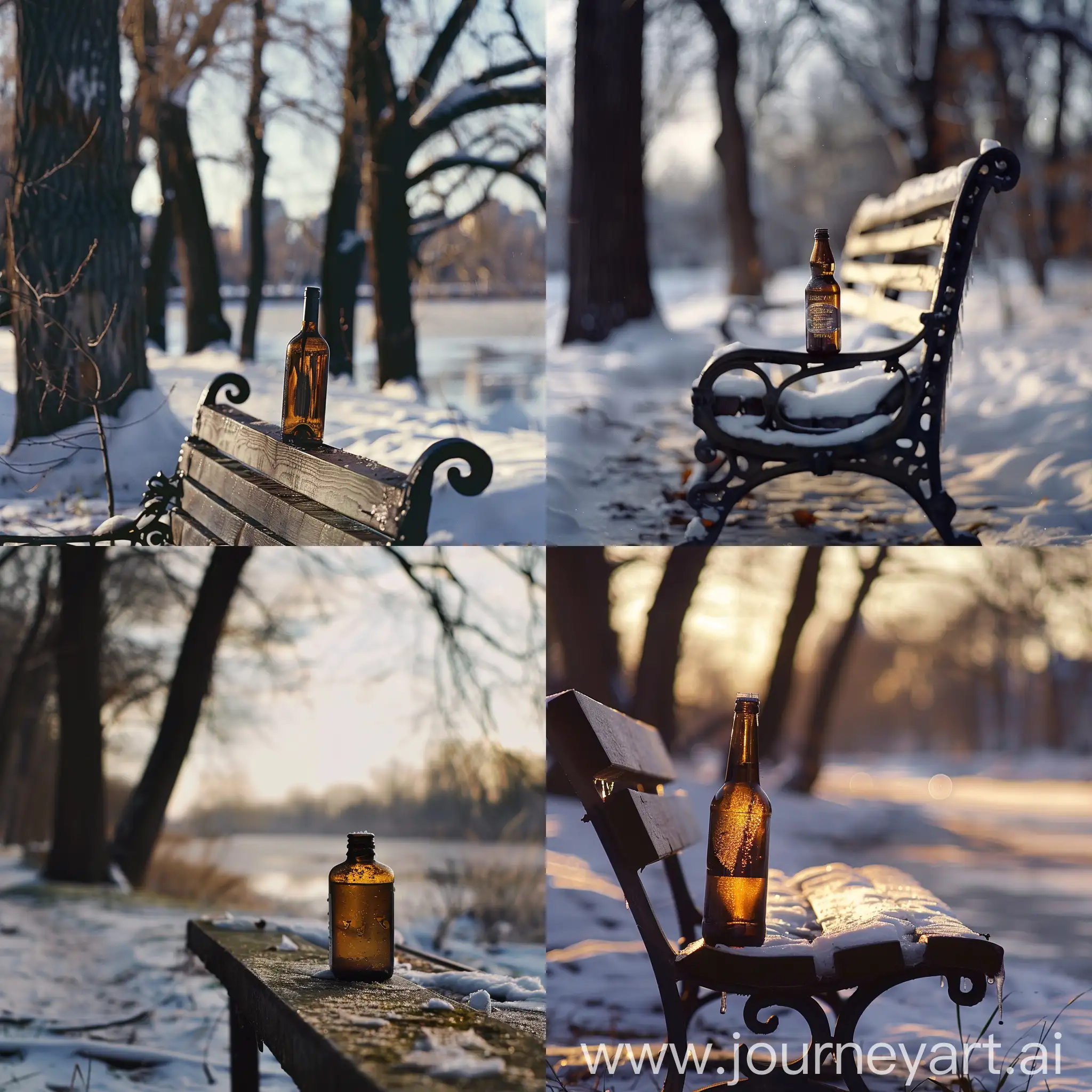 a bottle stands on a bench in winter
