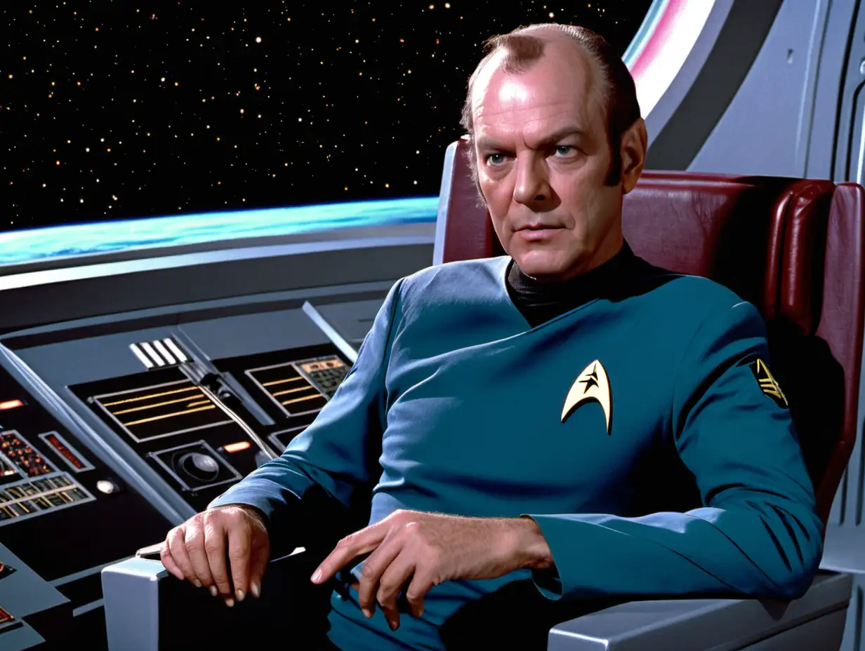 a Middle aged white man with balding hair sitting in the captains chair of the starship enterprise from startrek